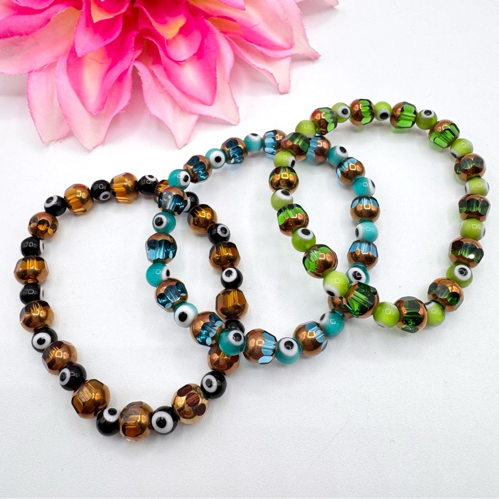 Evil Eye And Cut Glass Beaded Stretch Bracelet Festival Yoga Ethnic Eclectic